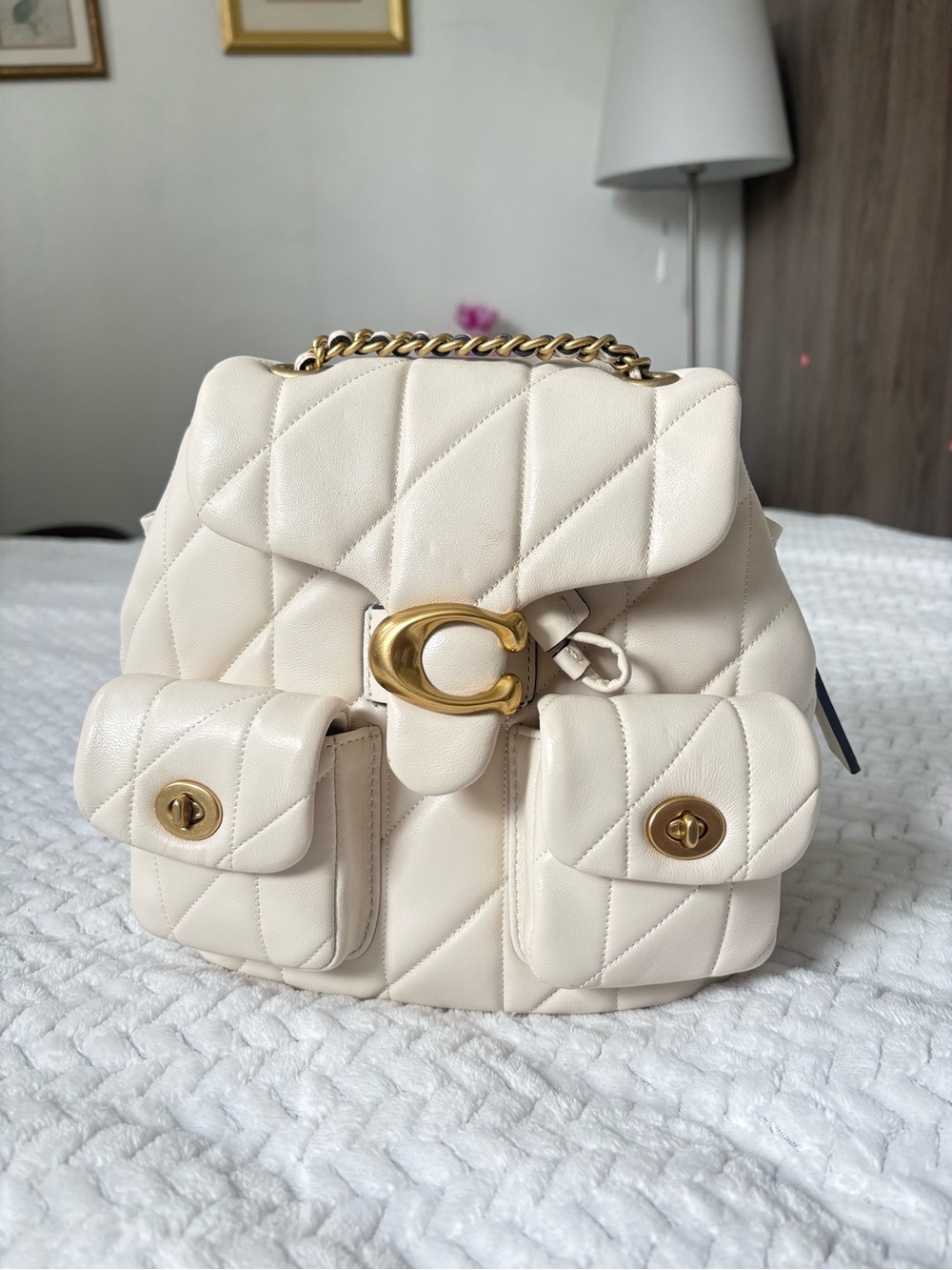 Coach Quilted Cream Leather Backpack with Gold Hardware